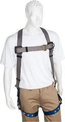 PRO-SAFE - 350 Lb Capacity, Size XXL, Full Body Premium Tongue Buckle Safety Harness - Polyester, Tongue Buckle Leg Strap, Pass-Thru Chest Strap, Gray/Blue - Industrial Tool & Supply