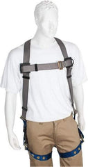 PRO-SAFE - 350 Lb Capacity, Size XL, Full Body Premium Tongue Buckle Safety Harness - Polyester, Tongue Buckle Leg Strap, Pass-Thru Chest Strap, Gray/Blue - Industrial Tool & Supply