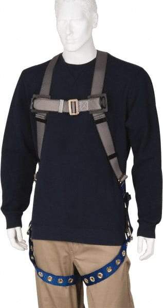 PRO-SAFE - 350 Lb Capacity, Size Universal, Full Body Premium Tongue Buckle Safety Harness - Polyester, Tongue Buckle Leg Strap, Pass-Thru Chest Strap, Gray/Blue - Industrial Tool & Supply