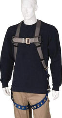 PRO-SAFE - 350 Lb Capacity, Size Universal, Full Body Premium Tongue Buckle Safety Harness - Polyester, Tongue Buckle Leg Strap, Pass-Thru Chest Strap, Gray/Blue - Industrial Tool & Supply