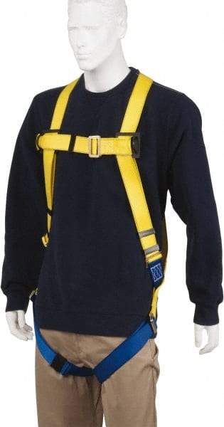 PRO-SAFE - 310 Lb Capacity, Size Universal, Full Body Lightweight Safety Harness - Polyester, Pass-Thru Leg Strap, Pass-Thru Chest Strap, Yellow/Blue - Industrial Tool & Supply