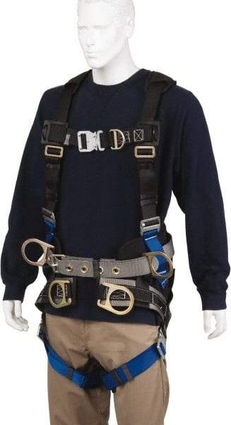 PRO-SAFE - 350 Lb Capacity, Size Universal, Full Body Tower Climbers Safety Harness - Polyester, Front D-Ring, Side D-Ring, Quick Connect Leg Strap, Quick Connect Chest Strap, Black/Blue - Industrial Tool & Supply
