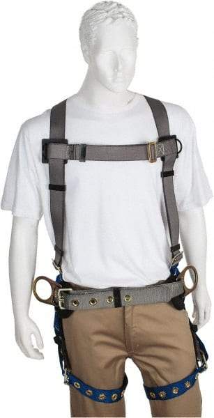 PRO-SAFE - 350 Lb Capacity, Size XL, Full Body Construction Safety Harness - Polyester, Side D-Ring, Tongue Buckle Leg Strap, Pass-Thru Chest Strap, Gray/Blue - Industrial Tool & Supply