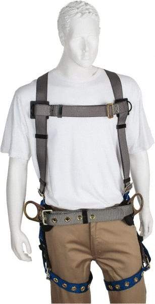 PRO-SAFE - 350 Lb Capacity, Size Universal, Full Body Construction Safety Harness - Polyester, Side D-Ring, Tongue Buckle Leg Strap, Pass-Thru Chest Strap, Gray/Blue - Industrial Tool & Supply