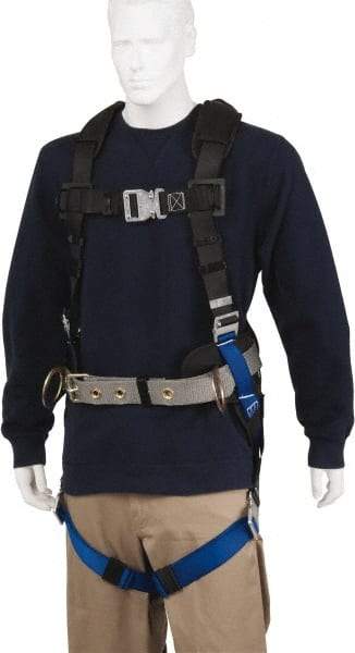 PRO-SAFE - 350 Lb Capacity, Size Universal, Full Body Construction Safety Harness - Polyester, Side D-Ring, Quick Connect Leg Strap, Quick Connect Chest Strap, Black/Blue - Industrial Tool & Supply