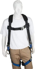 PRO-SAFE - 350 Lb Capacity, Size XL, Full Body Padded Back D-Ring Safety Harness - Polyester, Side D-Ring, Quick Connect Leg Strap, Quick Connect Chest Strap, Black/Blue - Industrial Tool & Supply