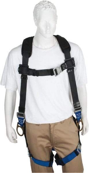 PRO-SAFE - 350 Lb Capacity, Size Universal, Full Body Padded Back D-Ring Safety Harness - Polyester, Side D-Ring, Quick Connect Leg Strap, Quick Connect Chest Strap, Black/Blue - Industrial Tool & Supply