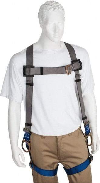 PRO-SAFE - 350 Lb Capacity, Size XL, Full Body Back D-Ring Safety Harness - Polyester, Side D-Ring, Pass-Thru Leg Strap, Pass-Thru Chest Strap, Gray/Blue - Industrial Tool & Supply