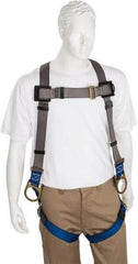 PRO-SAFE - 350 Lb Capacity, Size Universal, Full Body Back D-Ring Safety Harness - Polyester, Side D-Ring, Pass-Thru Leg Strap, Pass-Thru Chest Strap, Gray/Blue - Industrial Tool & Supply