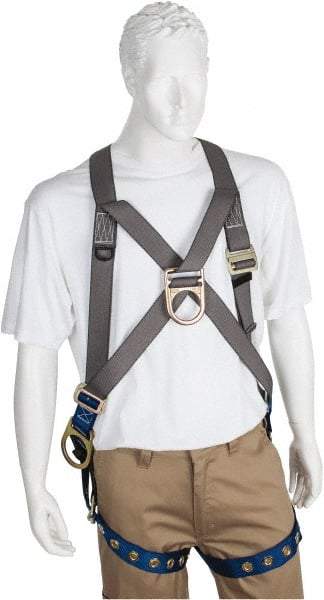 PRO-SAFE - 350 Lb Capacity, Size XXL, Full Body Cross-Over Safety Harness - Polyester, Front D-Ring, Side D-Ring, Tongue Buckle Leg Strap, Pass-Thru Chest Strap, Gray/Blue - Industrial Tool & Supply