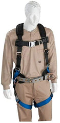 PRO-SAFE - 350 Lb Capacity, Size Universal, Full Body Construction Safety Harness - Polyester, Front D-Ring, Side D-Ring, Quick Connect Leg Strap, Quick Connect Chest Strap, Black/Blue - Industrial Tool & Supply