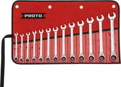 Proto - 13 Piece, 7mm to 19mm, 12 Point Reversible Ratcheting Combination Wrench Set - Metric Measurement Standard, Full Polish Chrome Finish, Comes in Tool Roll - Industrial Tool & Supply