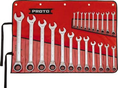 Proto - 22 Piece, 6mm to 36mm, 12 Point Reversible Ratcheting Combination Wrench Set - Metric Measurement Standard, Full Polish Chrome Finish, Comes in Tool Roll - Industrial Tool & Supply