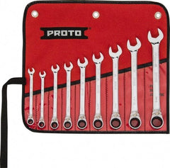 Proto - 9 Piece, 9/32" to 3/4", 12 Point Reversible Ratcheting Combination Wrench Set - Inch Measurement Standard, Full Polish Chrome Finish, Comes in Tool Roll - Industrial Tool & Supply