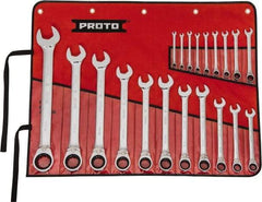Proto - 20 Piece, 7/32" to 1-1/2", 12 Point Reversible Ratcheting Combination Wrench Set - Inch Measurement Standard, Full Polish Chrome Finish, Comes in Tool Roll - Industrial Tool & Supply