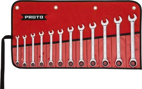Proto - 12 Piece, 8mm to 19mm, 12 Point Ratcheting Combination Wrench Set - Metric Measurement Standard, Full Polish Chrome Finish, Comes in Tool Roll - Industrial Tool & Supply