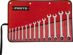 Proto - 14 Piece, 1/4" to 1", 12 Point Ratcheting Combination Wrench Set - Inch Measurement Standard, Full Polish Chrome Finish, Comes in Tool Roll - Industrial Tool & Supply