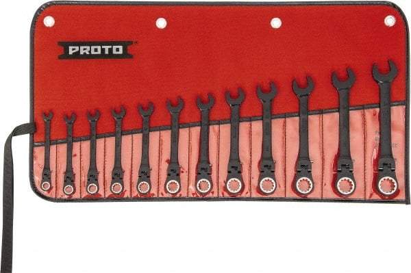 Proto - 12 Piece, 7mm to 19mm, 12 Point Ratcheting Flex-Head Spline Wrench Set - Metric Measurement Standard, Black/Chrome Finish, Comes in Nylon Roll - Industrial Tool & Supply