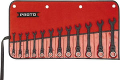 Proto - 12 Piece, 7mm to 19mm, 12 Point Ratcheting Flex-Head Spline Wrench Set - Metric Measurement Standard, Black/Chrome Finish, Comes in Nylon Roll - Industrial Tool & Supply