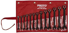 Proto - 13 Piece, 7mm to 19mm, 12 Point Short Ratcheting Reversible Combination Spline Wrench Set - Metric Measurement Standard, Black/Chrome Finish, Comes in Tool Roll - Industrial Tool & Supply