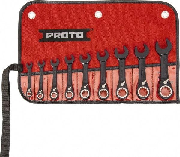 Proto - 9 Piece, 1/4" to 3/4", 12 Point Short Ratcheting Reversible Combination Spline Wrench Set - Inch Measurement Standard, Black/Chrome Finish, Comes in Tool Roll - Industrial Tool & Supply