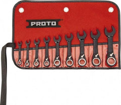 Proto - 9 Piece, 1/4" to 3/4", 12 Point Short Ratcheting Reversible Combination Spline Wrench Set - Inch Measurement Standard, Black/Chrome Finish, Comes in Tool Roll - Industrial Tool & Supply