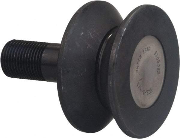 Accurate Bushing - 6-1/2" Roller Diam x 3" Width, 2" Stud Diam x 4-1/2" Length, V Guide Roller - Carbon Steel, 2-1/2" Thread Length, 2-12 Thread, 7-1/2" OAL, 35,800 Lb Dynamic Cap, 40,000 Lb Static Cap - Industrial Tool & Supply