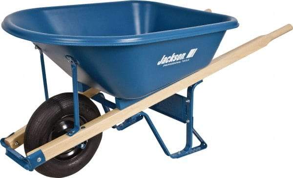 Jackson Professional Tools - 5.75 Cu Ft Capacity Wheelbarrow with 16" Pneumatic Wheel - Wood Handle, 59-1/4" Long x 29-1/2" Wide x 27-1/4" High, Blue - Industrial Tool & Supply