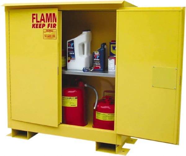 Securall Cabinets - 2 Door, 1 Shelf, Yellow Steel Standard Safety Cabinet for Flammable and Combustible Liquids - 48" High x 43" Wide x 18" Deep, Manual Closing Door, 3 Point Key Lock, 30 Gal Capacity - Industrial Tool & Supply
