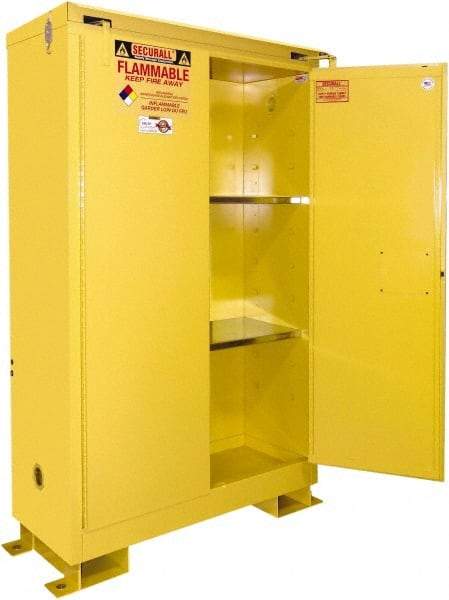Securall Cabinets - 2 Door, 1 Shelf, Yellow Steel Standard Safety Cabinet for Flammable and Combustible Liquids - 50" High x 43" Wide x 18" Deep, Self Closing Door, 3 Point Key Lock, 30 Gal Capacity - Industrial Tool & Supply
