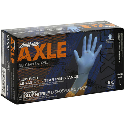 ‎63-532/M Disposable Gloves - Ambi-Dex Axle Disposable Nitrile - 4 mil Blue - Powdered - Textured Grip - Exact Industrial Supply