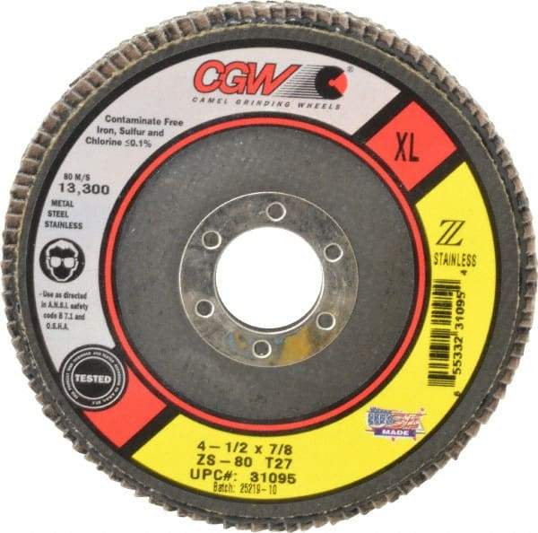 Camel Grinding Wheels - 80 Grit, 4-1/2" Disc Diam, 7/8" Center Hole, Type 27 Zirconia Alumina Flap Disc - 13,300 Max RPM, Polyester Backing, Arbor Attaching System, Coated - Industrial Tool & Supply