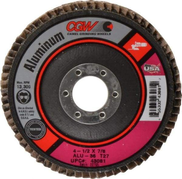 Camel Grinding Wheels - 36 Grit, 4-1/2" Disc Diam, 7/8" Center Hole, Type 27 Aluminum Oxide Flap Disc - 13,300 Max RPM, Polyester Backing, Arbor Attaching System, Coated - Industrial Tool & Supply