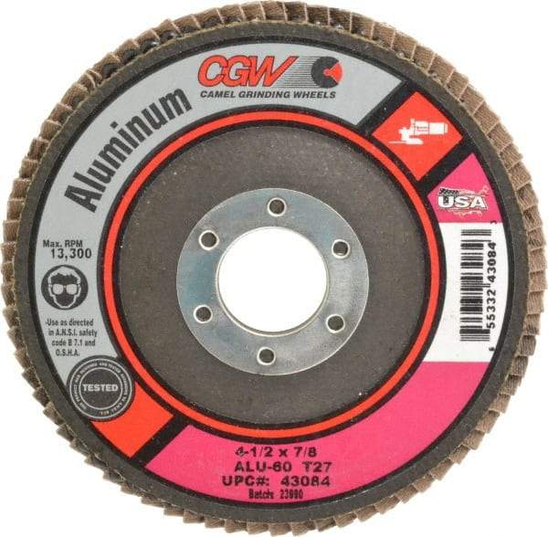 Camel Grinding Wheels - 60 Grit, 4-1/2" Disc Diam, 7/8" Center Hole, Type 27 Aluminum Oxide Flap Disc - 13,300 Max RPM, Polyester Backing, Arbor Attaching System, Coated - Industrial Tool & Supply