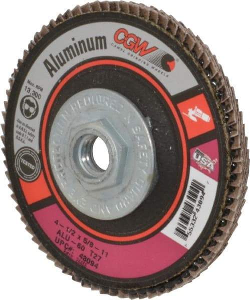 Camel Grinding Wheels - 60 Grit, 4-1/2" Disc Diam, 5/8-11 Center Hole, Type 27 Aluminum Oxide Flap Disc - 13,300 Max RPM, Polyester Backing, Arbor Attaching System, Coated - Industrial Tool & Supply