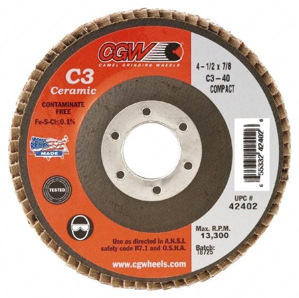 Camel Grinding Wheels - 80 Grit, 5" Disc Diam, 5/8-11 Center Hole, Ceramic Flap Disc - 12,200 Max RPM, Polyester Backing, Arbor Attaching System, Coated - Industrial Tool & Supply