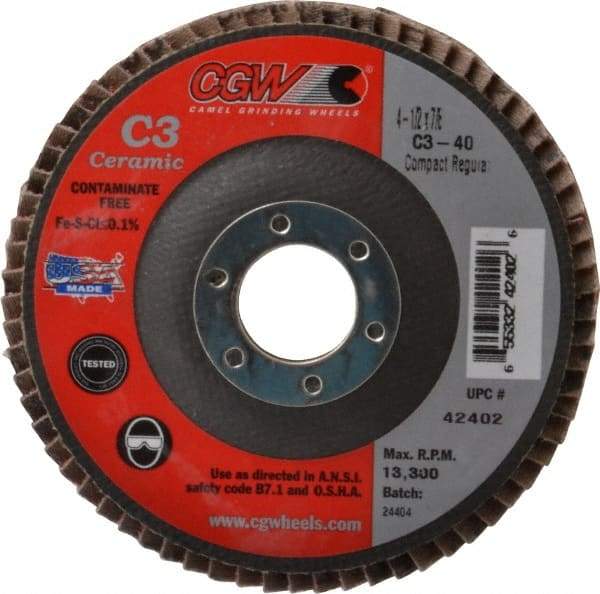 Camel Grinding Wheels - 40 Grit, 4-1/2" Disc Diam, 7/8" Center Hole, Ceramic Flap Disc - 13,300 Max RPM, Polyester Backing, Arbor Attaching System, Coated - Industrial Tool & Supply