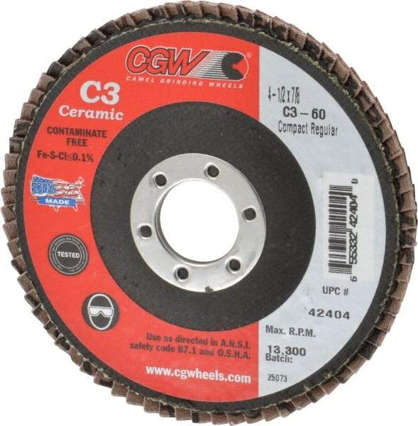 Camel Grinding Wheels - 60 Grit, 4-1/2" Disc Diam, 7/8" Center Hole, Ceramic Flap Disc - 13,300 Max RPM, Polyester Backing, Arbor Attaching System, Coated - Industrial Tool & Supply