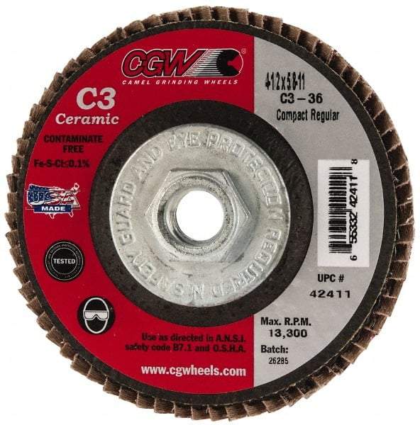 Camel Grinding Wheels - 36 Grit, 4-1/2" Disc Diam, 5/8-11 Center Hole, Ceramic Flap Disc - 13,300 Max RPM, Polyester Backing, Arbor Attaching System, Coated - Industrial Tool & Supply