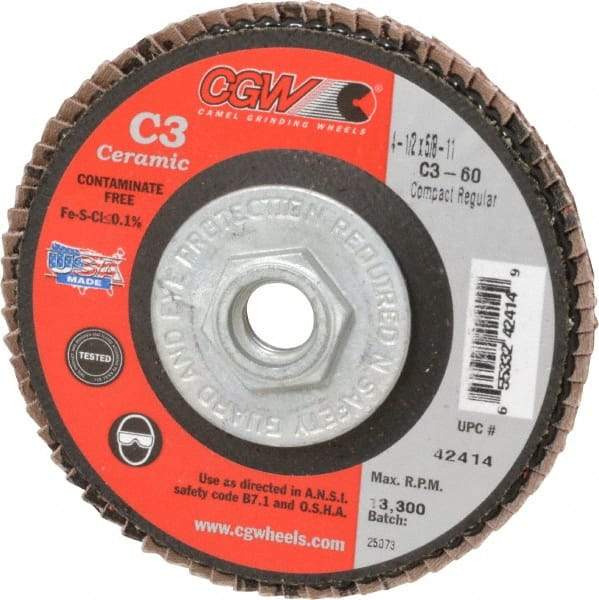 Camel Grinding Wheels - 60 Grit, 4-1/2" Disc Diam, 5/8-11 Center Hole, Ceramic Flap Disc - 13,300 Max RPM, Polyester Backing, Arbor Attaching System, Coated - Industrial Tool & Supply