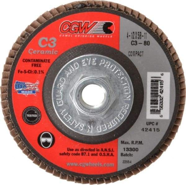 Camel Grinding Wheels - 80 Grit, 4-1/2" Disc Diam, 5/8-11 Center Hole, Ceramic Flap Disc - 13,300 Max RPM, Polyester Backing, Arbor Attaching System, Coated - Industrial Tool & Supply