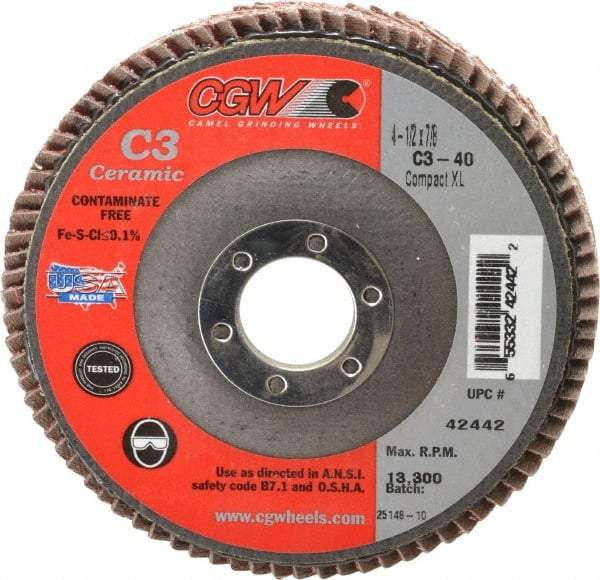 Camel Grinding Wheels - 40 Grit, 4-1/2" Disc Diam, 7/8" Center Hole, Ceramic Flap Disc - 13,300 Max RPM, Polyester Backing, Arbor Attaching System, Coated - Industrial Tool & Supply
