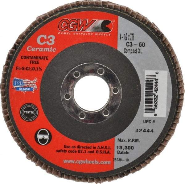 Camel Grinding Wheels - 60 Grit, 4-1/2" Disc Diam, 7/8" Center Hole, Ceramic Flap Disc - 13,300 Max RPM, Polyester Backing, Arbor Attaching System, Coated - Industrial Tool & Supply