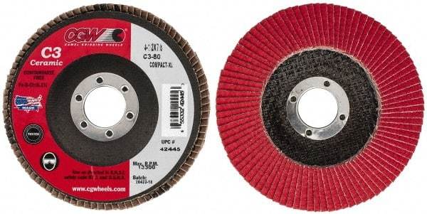 Camel Grinding Wheels - 80 Grit, 4-1/2" Disc Diam, 7/8" Center Hole, Ceramic Flap Disc - 13,300 Max RPM, Polyester Backing, Arbor Attaching System, Coated - Industrial Tool & Supply