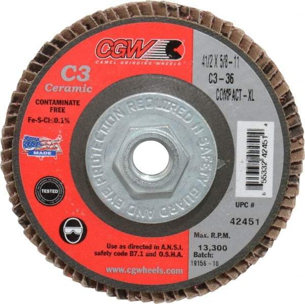 Camel Grinding Wheels - 36 Grit, 4-1/2" Disc Diam, 5/8-11 Center Hole, Ceramic Flap Disc - 13,300 Max RPM, Polyester Backing, Arbor Attaching System, Coated - Industrial Tool & Supply