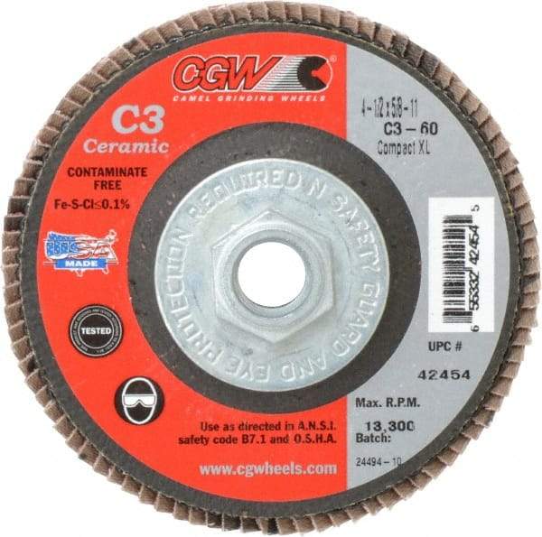 Camel Grinding Wheels - 60 Grit, 4-1/2" Disc Diam, 5/8-11 Center Hole, Ceramic Flap Disc - 13,300 Max RPM, Polyester Backing, Arbor Attaching System, Coated - Industrial Tool & Supply