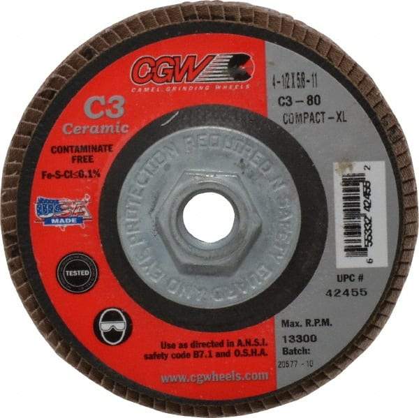 Camel Grinding Wheels - 80 Grit, 4-1/2" Disc Diam, 5/8-11 Center Hole, Ceramic Flap Disc - 13,300 Max RPM, Polyester Backing, Arbor Attaching System, Coated - Industrial Tool & Supply