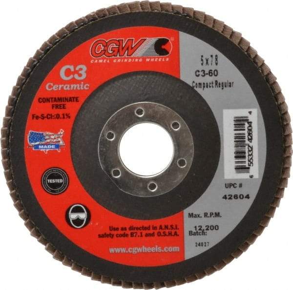 Camel Grinding Wheels - 60 Grit, 5" Disc Diam, 7/8" Center Hole, Ceramic Flap Disc - 12,200 Max RPM, Polyester Backing, Arbor Attaching System, Coated - Industrial Tool & Supply