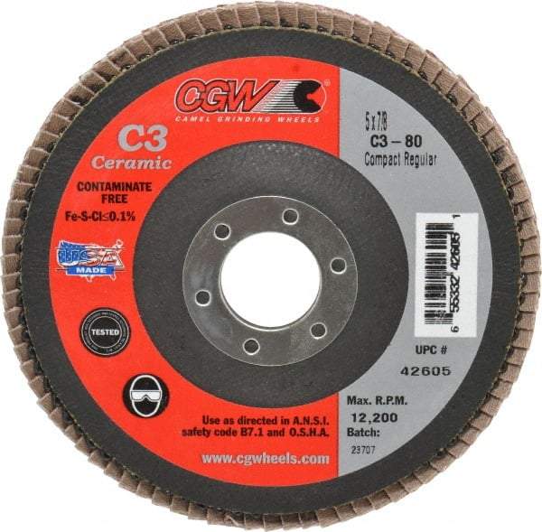 Camel Grinding Wheels - 80 Grit, 5" Disc Diam, 7/8" Center Hole, Ceramic Flap Disc - 12,200 Max RPM, Polyester Backing, Arbor Attaching System, Coated - Industrial Tool & Supply
