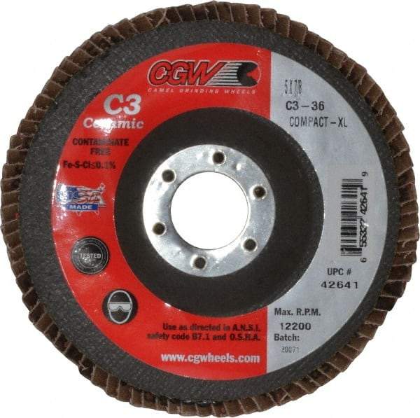 Camel Grinding Wheels - 36 Grit, 5" Disc Diam, 7/8" Center Hole, Ceramic Flap Disc - 12,200 Max RPM, Polyester Backing, Arbor Attaching System, Coated - Industrial Tool & Supply